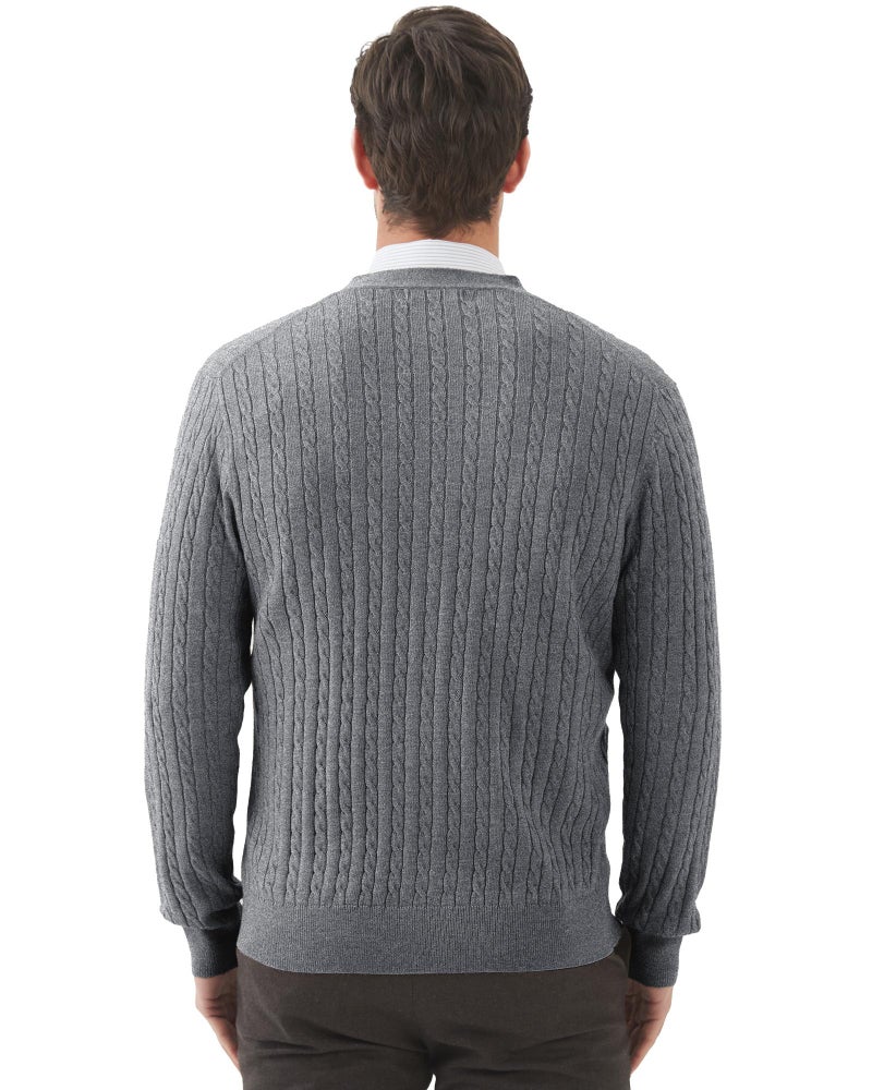 Kallspin Men's Cardigan Sweater Wool Blend Cable Knit V Neck Buttons Cardigan with Pockets(Light Grey, Large) - Image 3